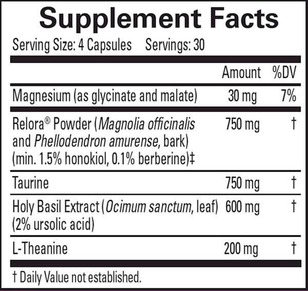 Everyday Stress Relief Supplement Facts Label