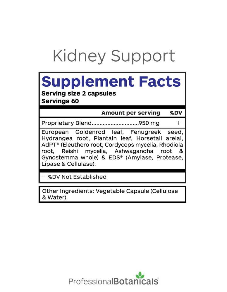 Kidney Support Supplement Facts Label