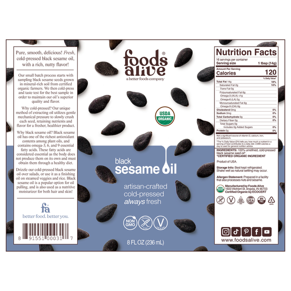 Black Sesame Seed Oil Organic Supplement Facts Label