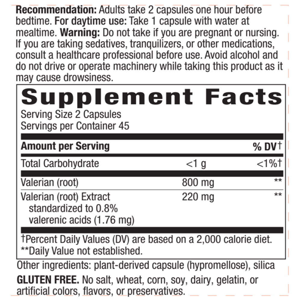 Valerian Extract Supplement Facts Label