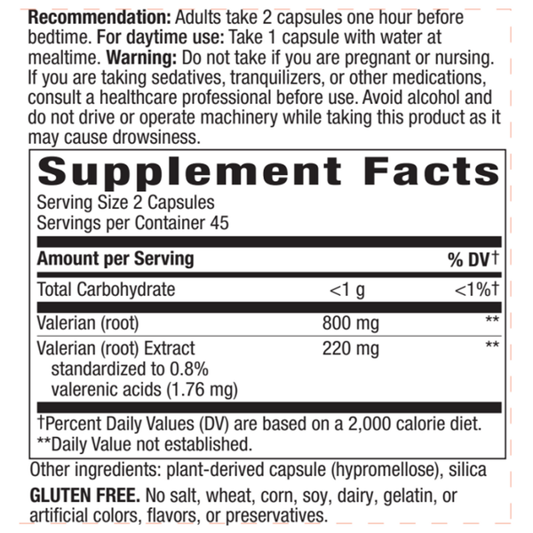 Valerian Extract Supplement Facts Label