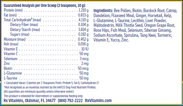 Nutritional Support for Dogs & Cats Supplement Facts Label
