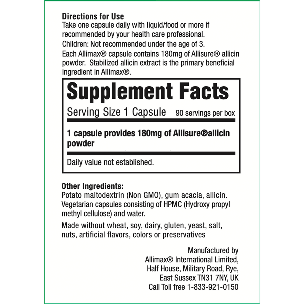 Allimax 180 mg Supplement Facts Label