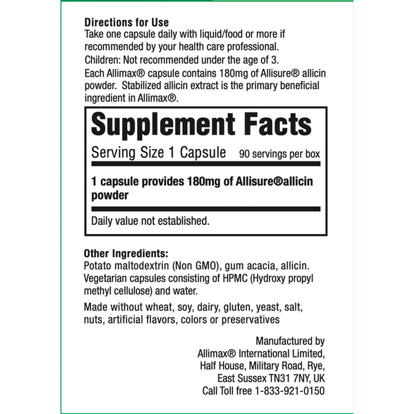 Allimax 180 mg Supplement Facts Label