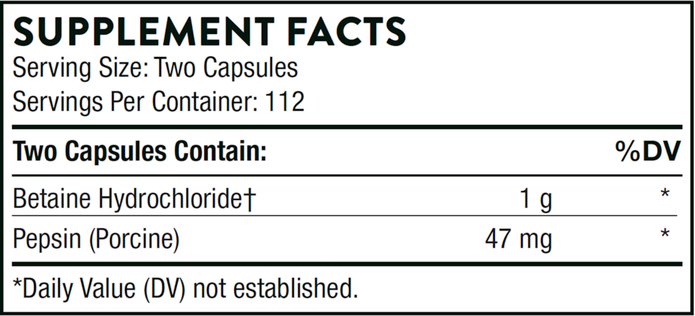 Betaine HCL & Pepsin Supplement Facts Label