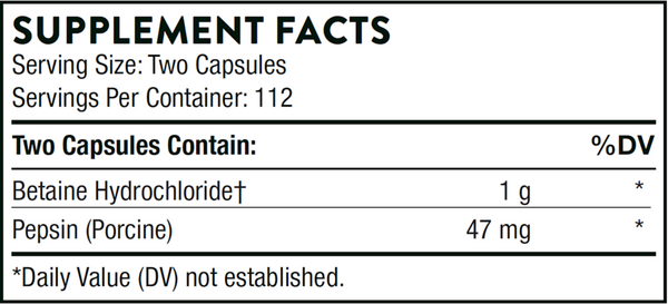 Betaine HCL & Pepsin Supplement Facts Label