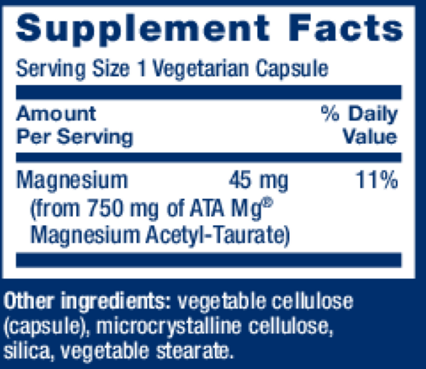Calm-Mag Magnesium Acetyl Taurinate Supplement Facts Label