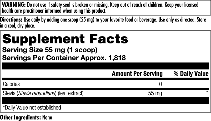 Sure Stevia Extract Supplement Facts Label
