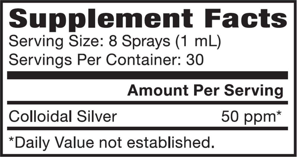 Colloidal Silver 50PPM Vert. Spray Supplement Facts Label