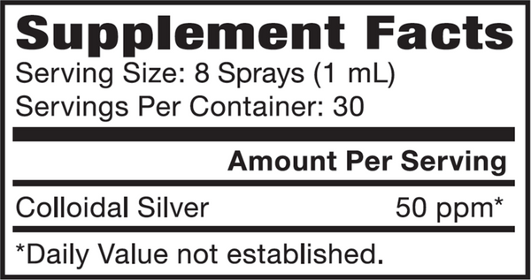 Colloidal Silver 50PPM Vert. Spray Supplement Facts Label