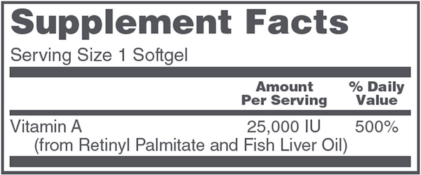 Vitamin A 25,000 IU Supplement Facts Label