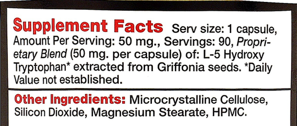Griffonex 5-HTP Supplement Facts Label