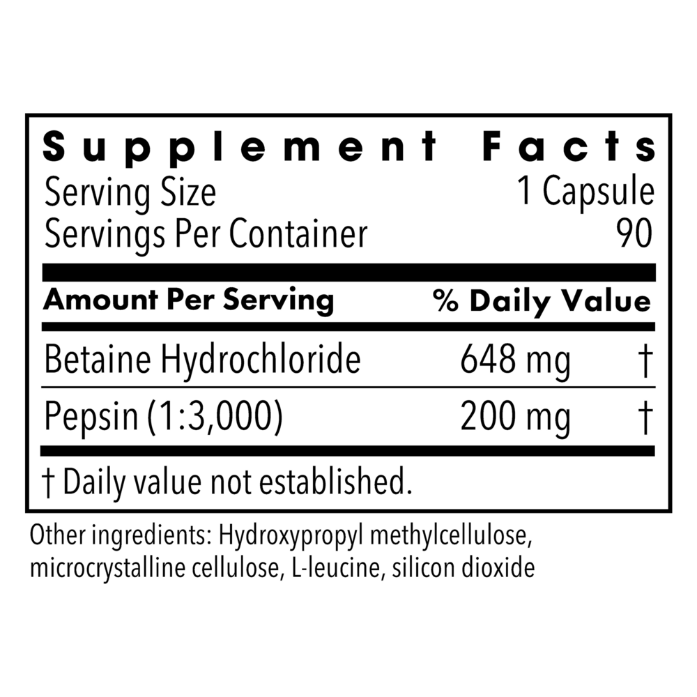 Betaine HCl with Pepsin Supplement Facts Label