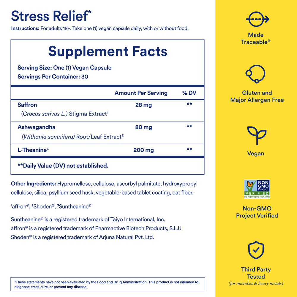 Stress Relief BioSeries Supplement Facts Label