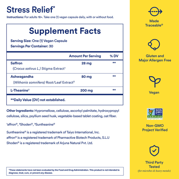 Stress Relief BioSeries Supplement Facts Label