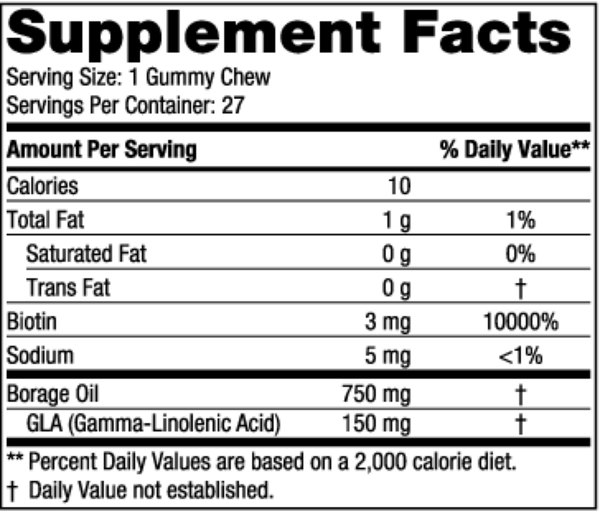 Zero Sugar Hair & Skin Gummy Chews Supplement Facts Label