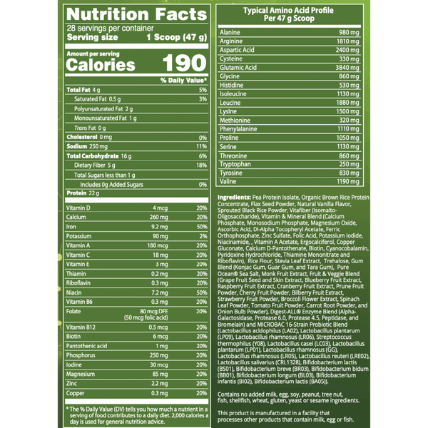 Veggie Meal Replace Vanilla Supplement Facts Label