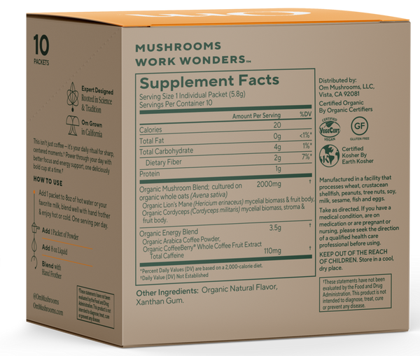 Mushroom Coffee 10 Pack Supplement Facts Label