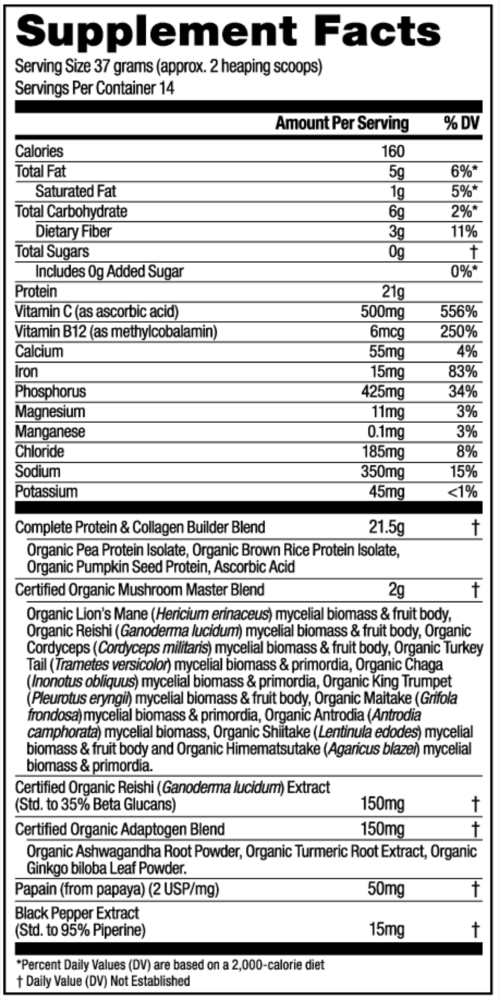 MUSHROOM MASTER BLEND VANILLA PROTEIN Supplement Facts Label