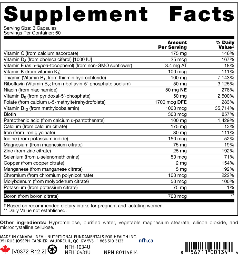 Pre Natal SAP Supplement Facts Label