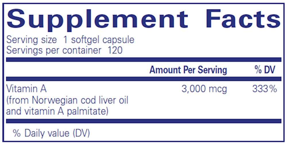 Vitamin A 3,000 mcg (10,000 IU) Supplement Facts Label