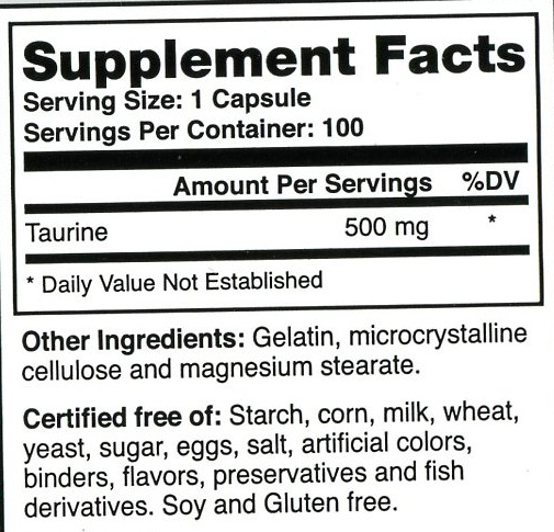 Pure Taurine 500 mg Supplement Facts Label