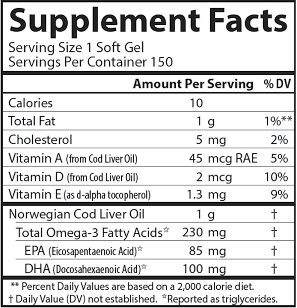 Cod Liver Oil Low Vitamin A Lemon Supplement Facts Label