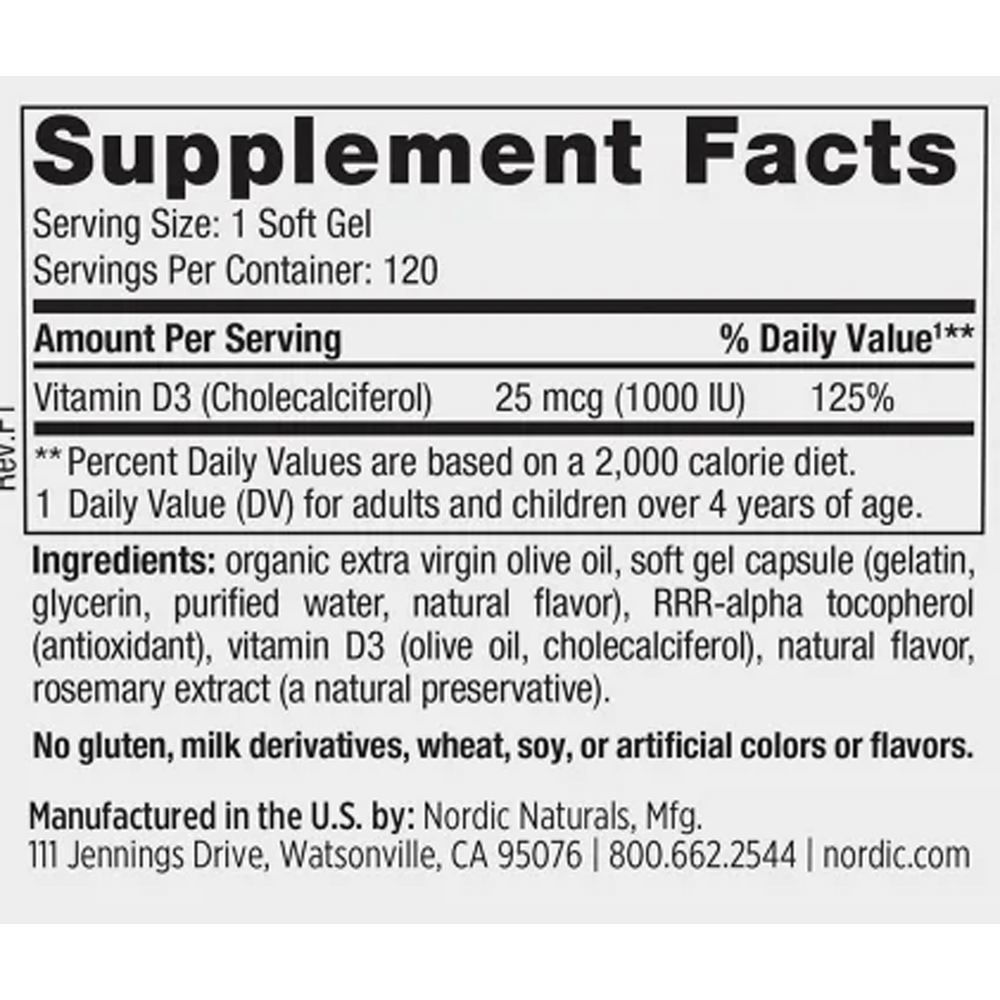 Vitamin D3 120 Soft Gels Orange Supplement Facts Label