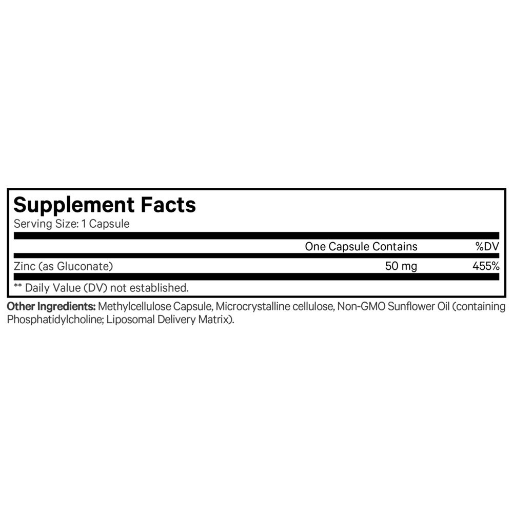 Liposomal Zinc Gluconate Supplement Facts Label