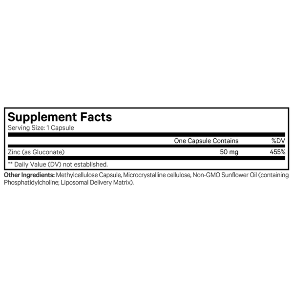 Liposomal Zinc Gluconate Supplement Facts Label
