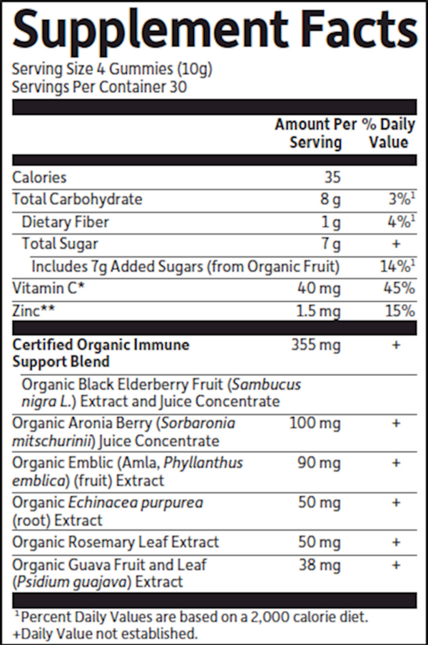 Organics Elderberry Gummies Supplement Facts Label