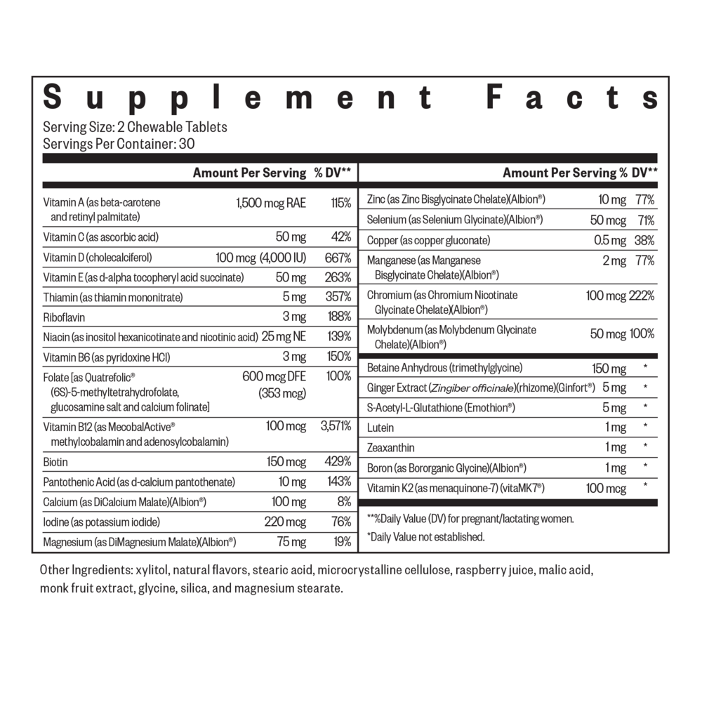 Prenatal Essentials Chewable Supplement Facts Label