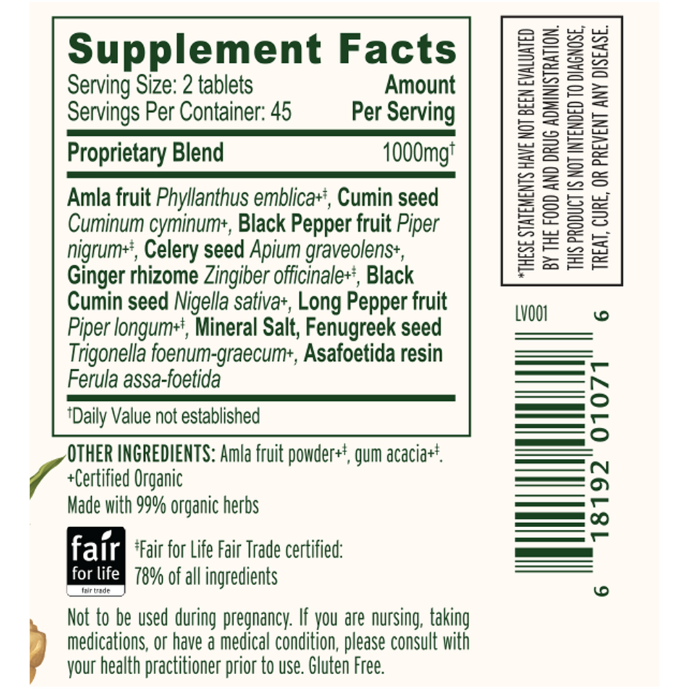 Vata Digest Supplement Facts Label