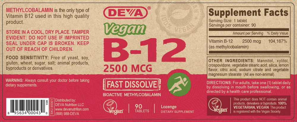 Vegan B12 2500 mcg Supplement Facts Label
