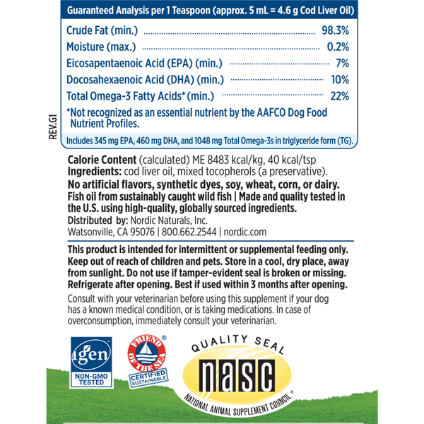 Pet Cod Liver Oil 16oz Supplement Facts Label