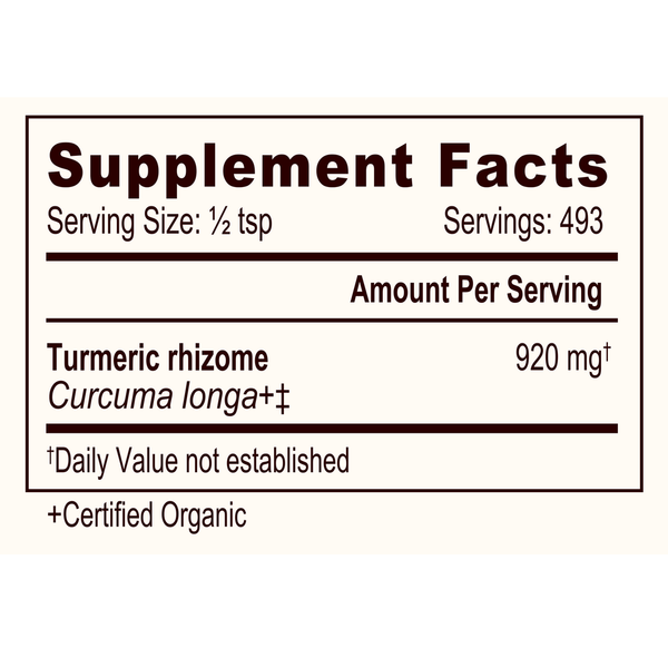 Turmeric Root Powder Organic Supplement Facts Label