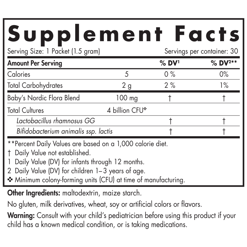 Baby's Nordic Flora Probiotic Powder Packets Supplement Facts Label