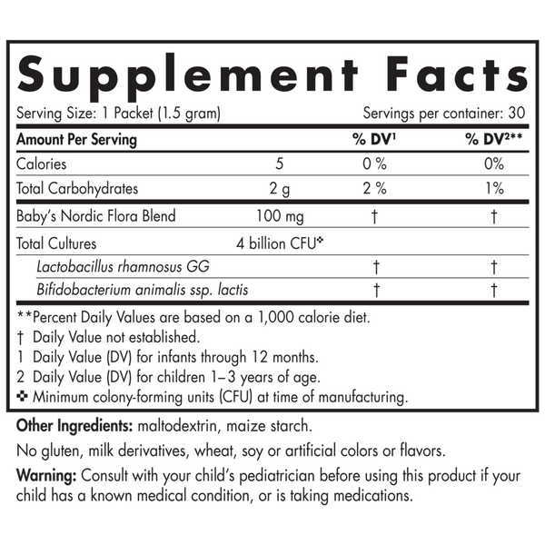 Baby's Nordic Flora Probiotic Powder Packets Supplement Facts Label