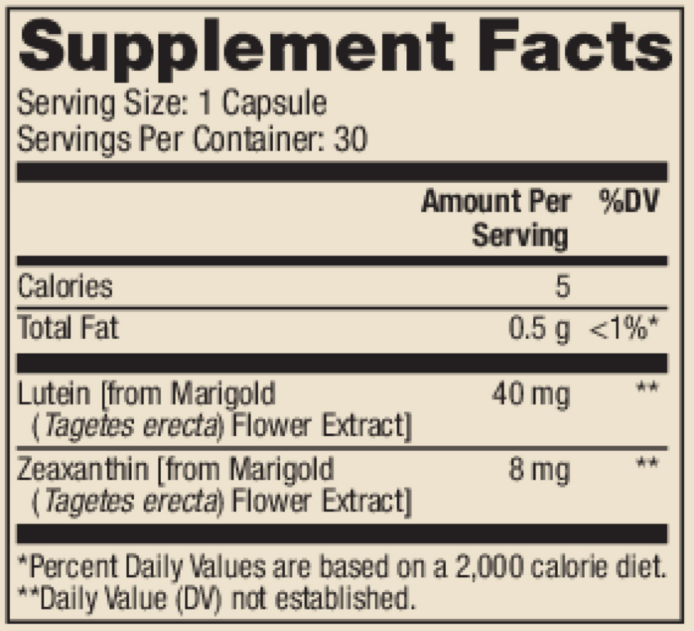 Lutein with Zeaxathin Supplement Facts Label