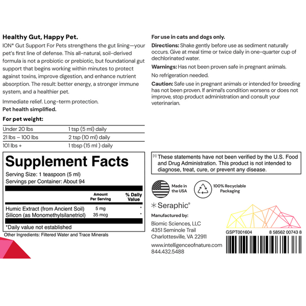 ION* Gut Support For Pets Supplement Facts Label