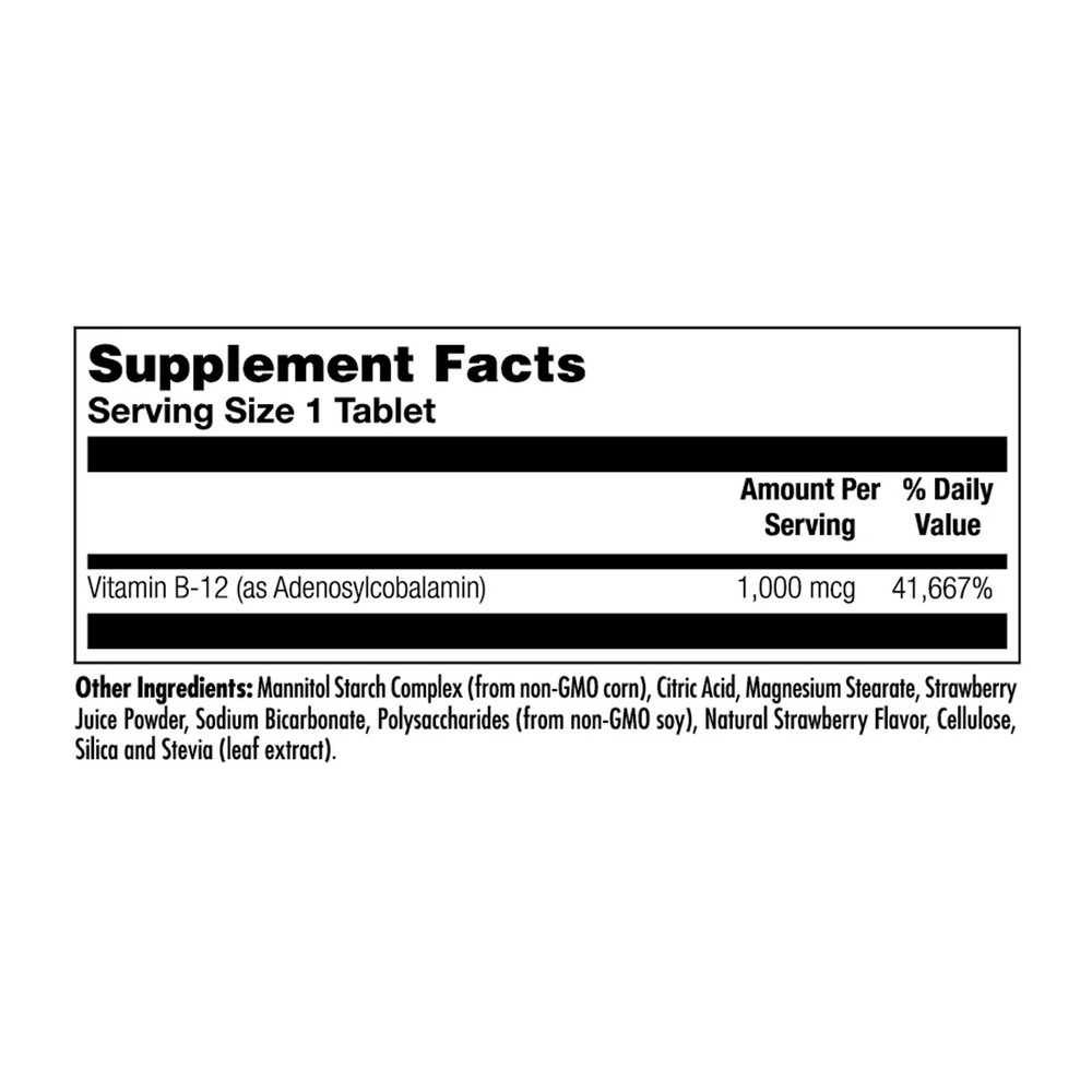 B12 Adenosylcobalamin 1000 mcg Strawberry Supplement Facts Label