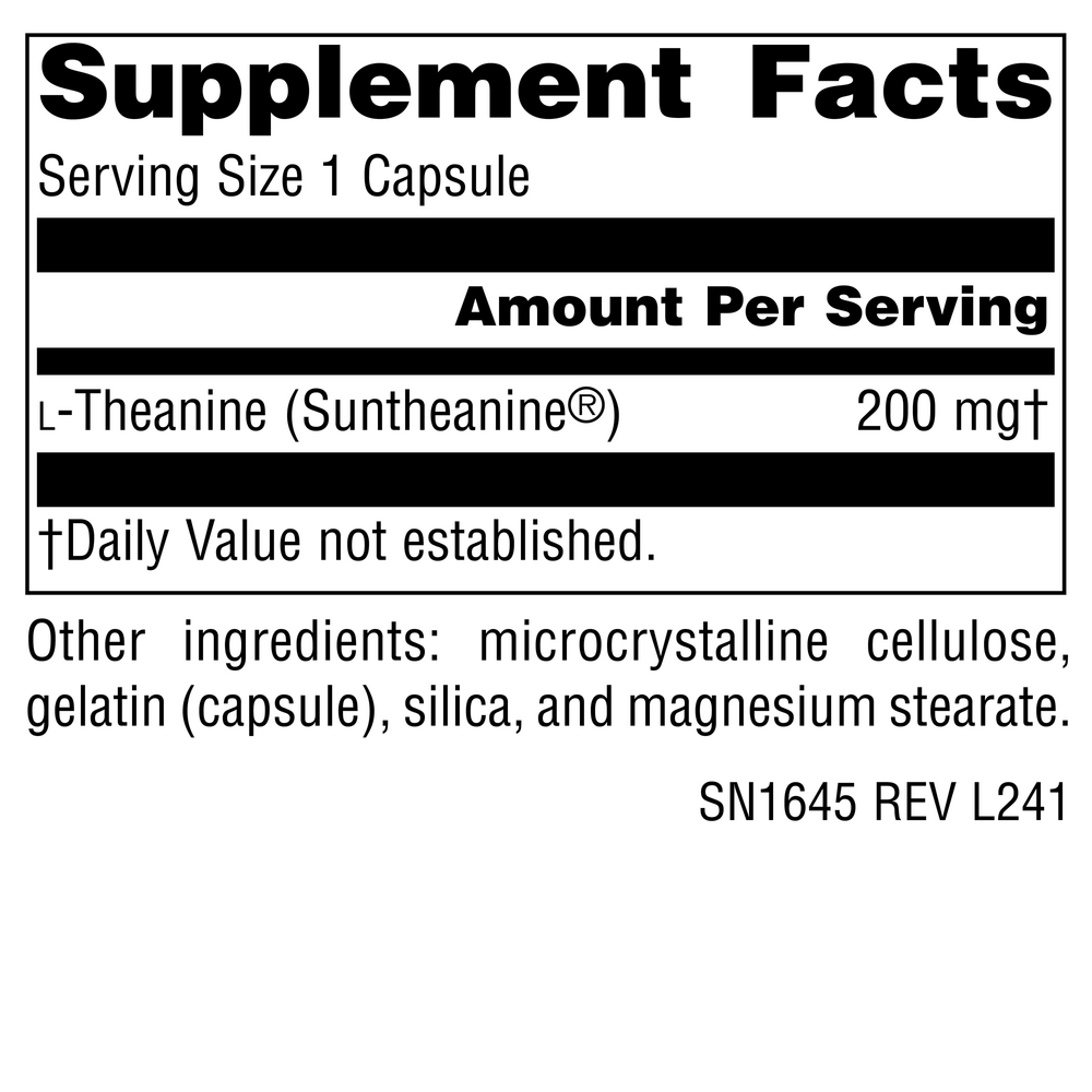 L-Theanine 200 mg 60 Count Supplement Facts Label