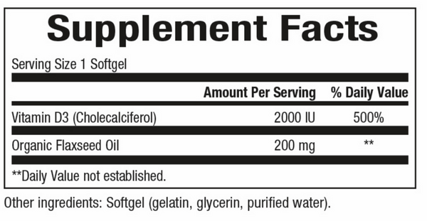 Vitamin D3 2000 IU Supplement Facts Label