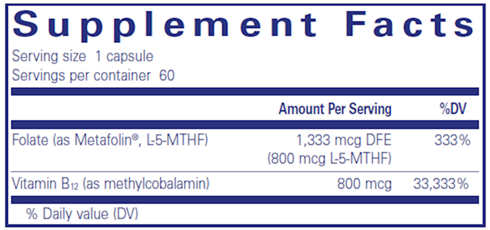 B12 Folate 60's Supplement Facts Label