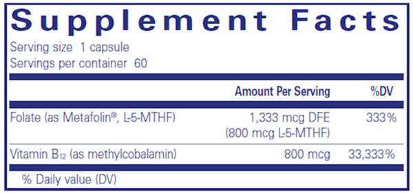 B12 Folate 60's Supplement Facts Label
