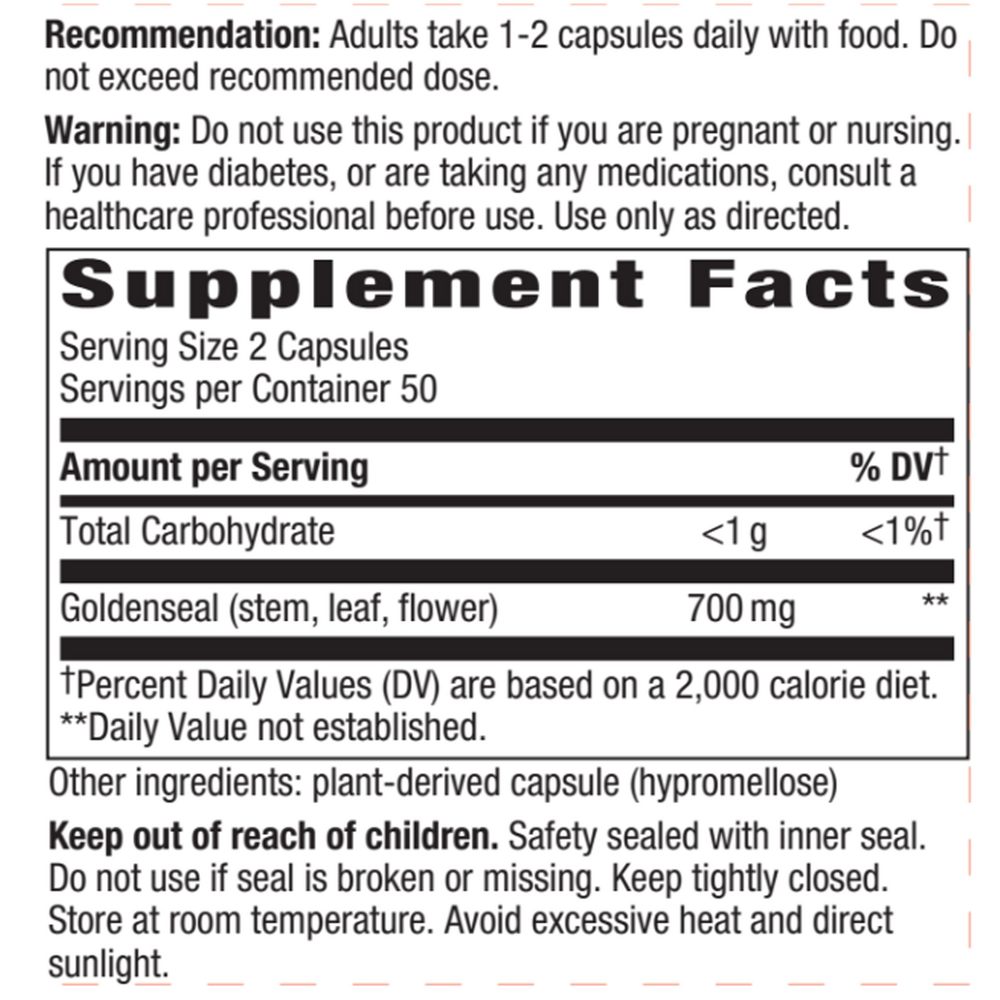 Goldenseal Herb veg capsules Supplement Facts Label