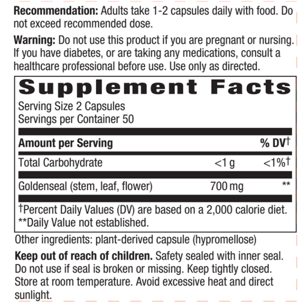 Goldenseal Herb veg capsules Supplement Facts Label