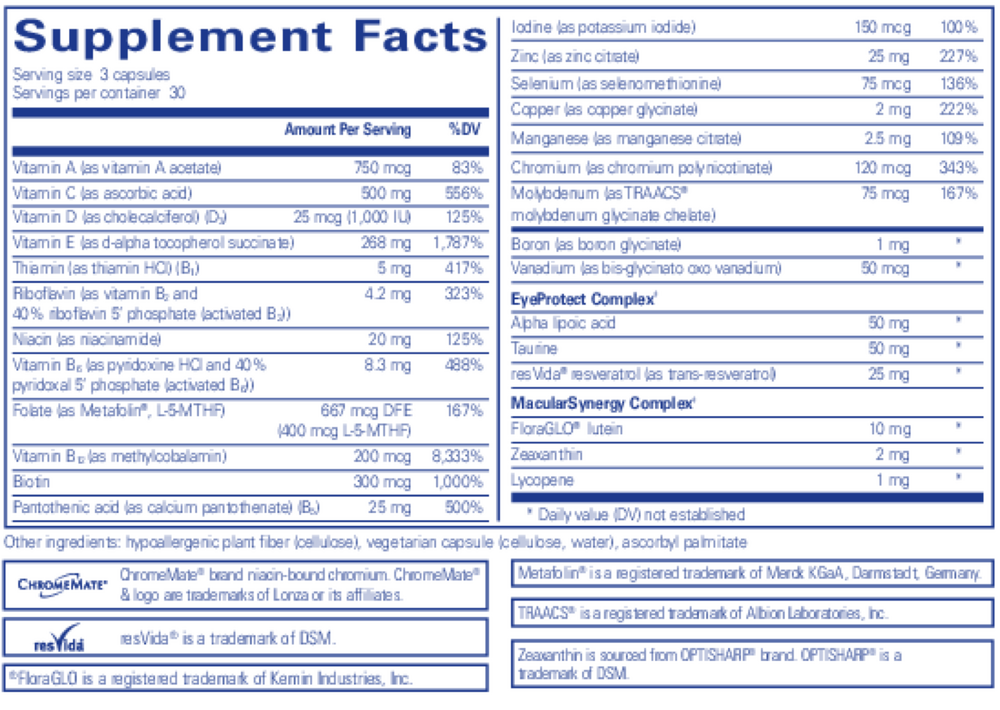 VisionPro Nutrients 90's Supplement Facts Label