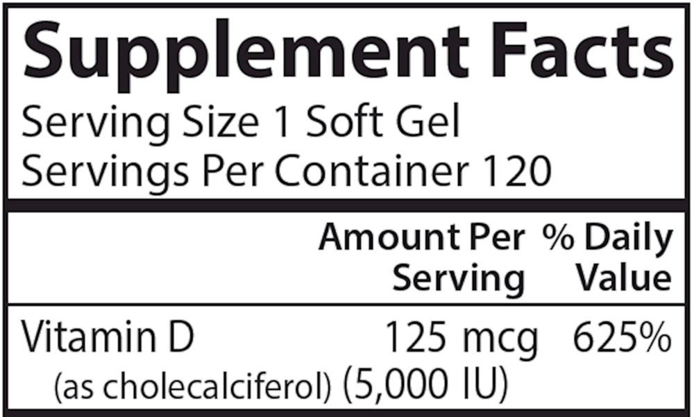 Vitamin D3 5000 IU Supplement Facts Label