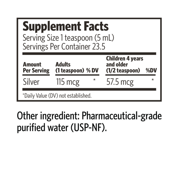 Bio-Active Silver Hydrosol 8 fl oz (no dropper) Supplement Facts Label